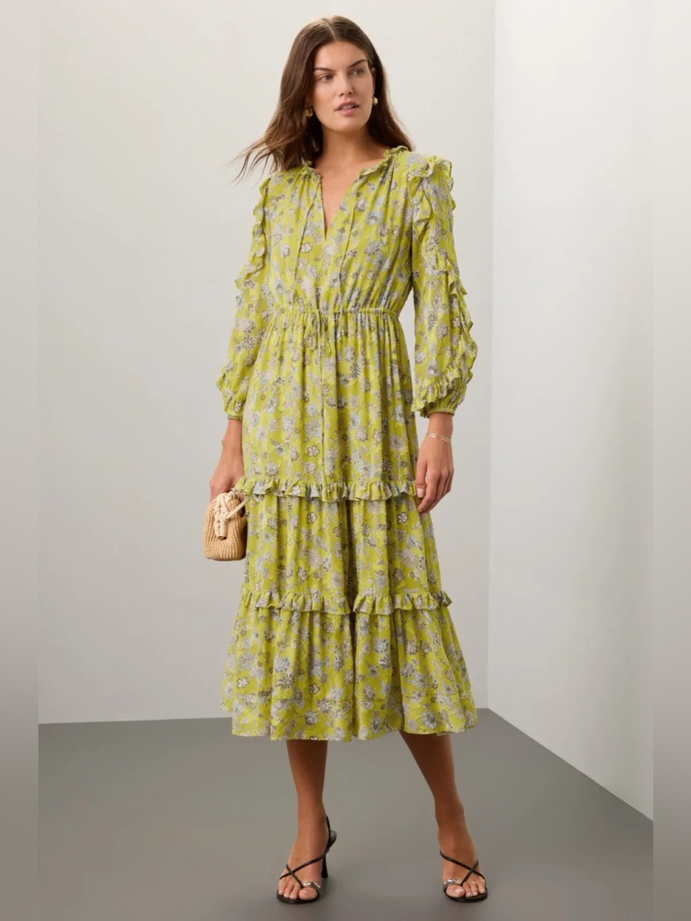 ALEXIS Auja Floral Print Crepe Midi Dress Ruffle Sleeve Tiered sz xl